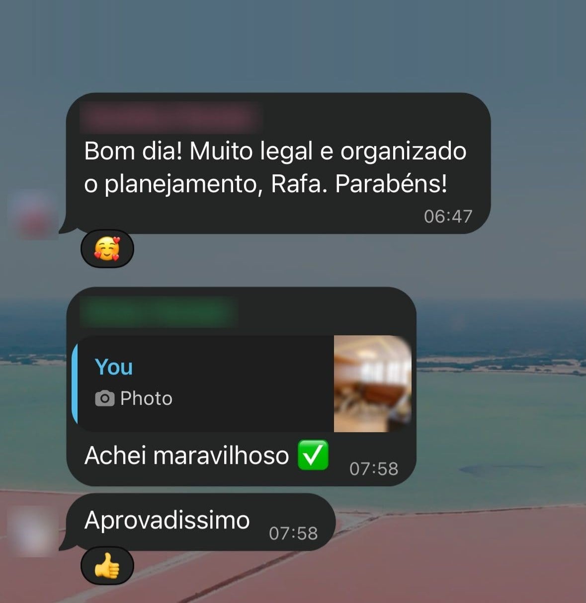 Mensagem de cliente elogiando o planejamento e aprovando a peça